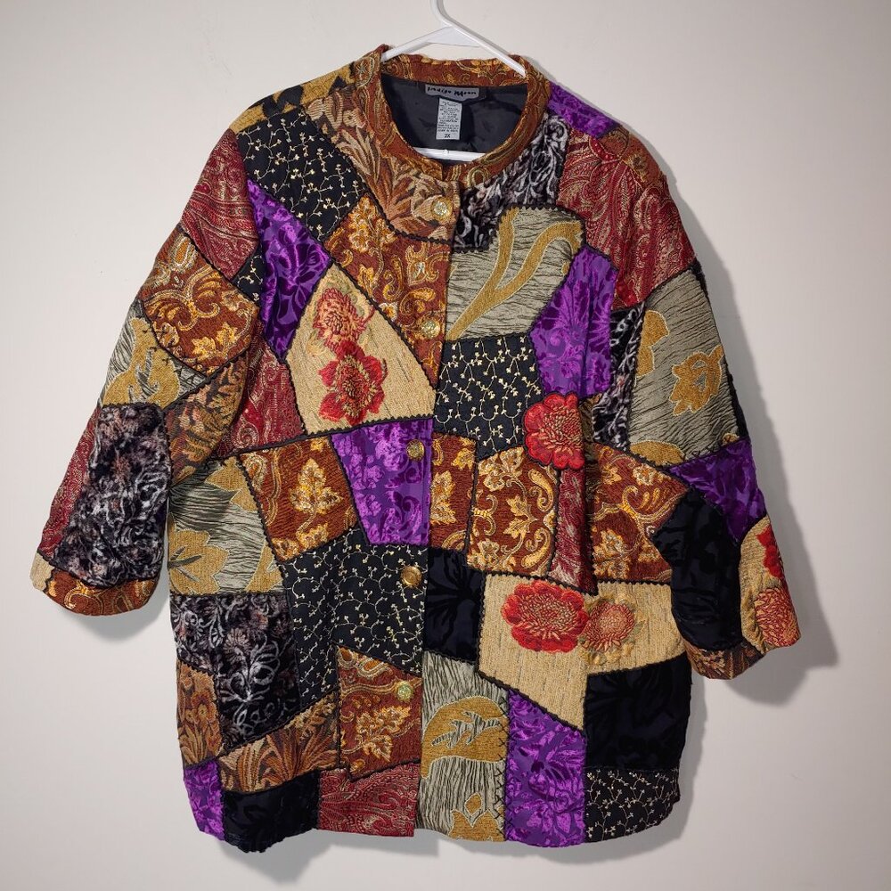 Indigo Moon Tapestry Crushed Burnout Velvet Patchwork Jacket Sz 2X Brown Purple